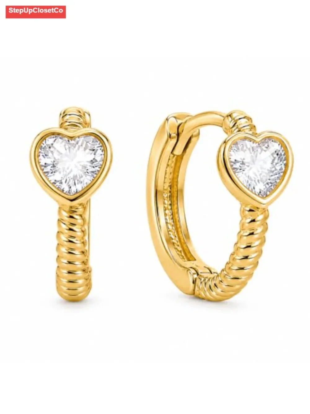 Gold Plated Heart Huggie Hoop Earrings for Women with Cubic Zirconia, Rope